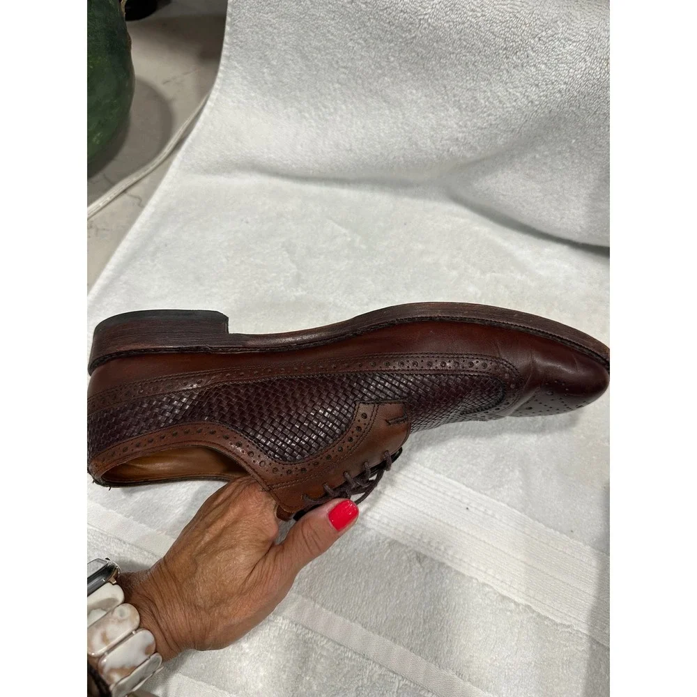 Allen Edmonds Leiden Dark Brown Woven Leather Wingtip Oxford Shoes Mens 12D